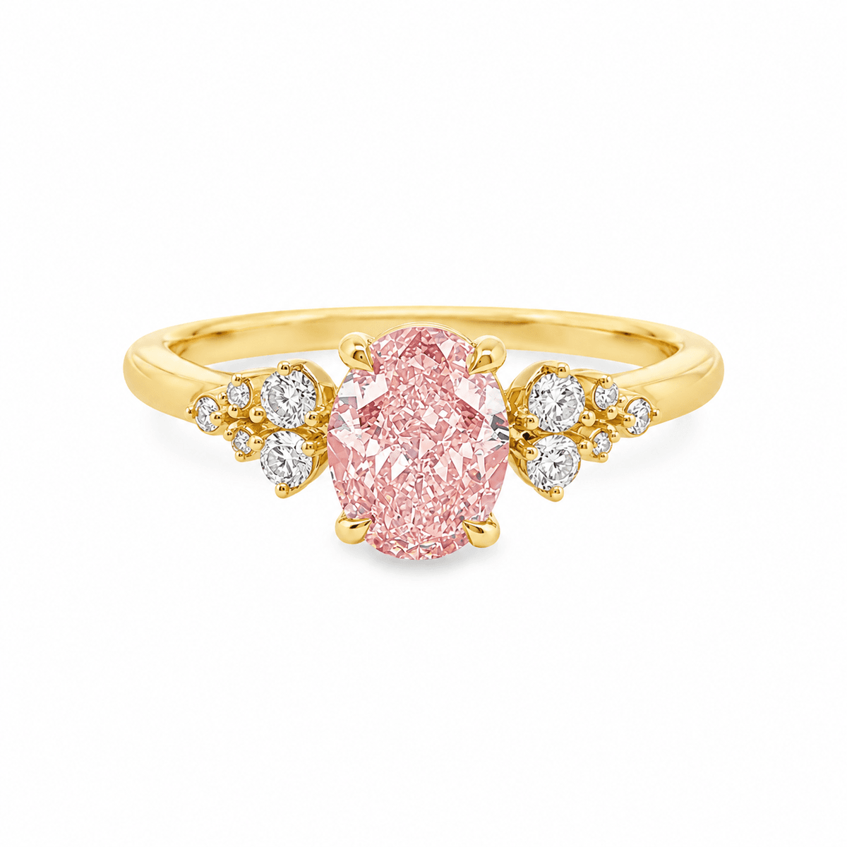 9ct Yellow Gold 1.35ct Pink Oval Cut Eagle Claw Solitaire Ring with Cluster Diamond Shoulders