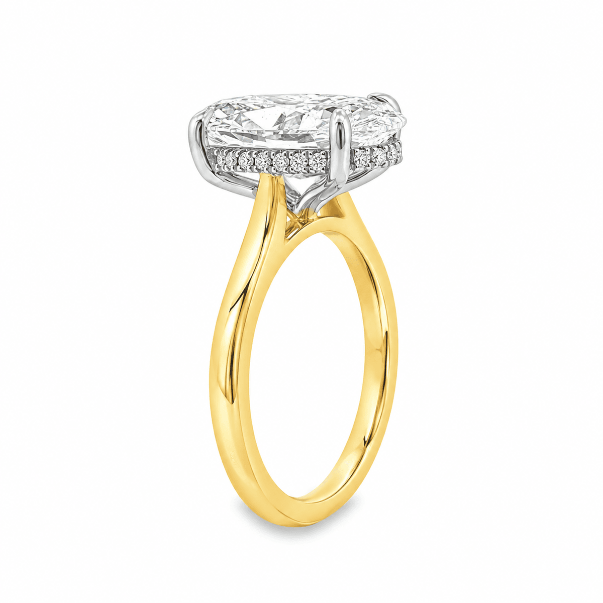 18ct Yellow & White Gold 4.09ct Moval Cut 4 Eagle Claw Solitaire Ring with Hidden Halo