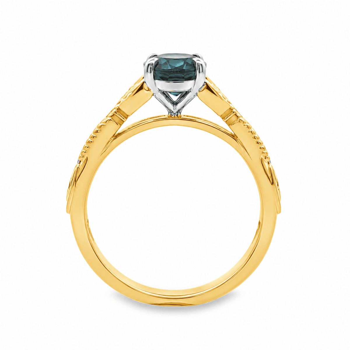 9ct Yellow & White Gold 8x6mm Oval Cut Lab Grown Blue Sapphire 4 Eagle Claw Ring with Leaf Inspired Diamond & Cathedral Shoulders
