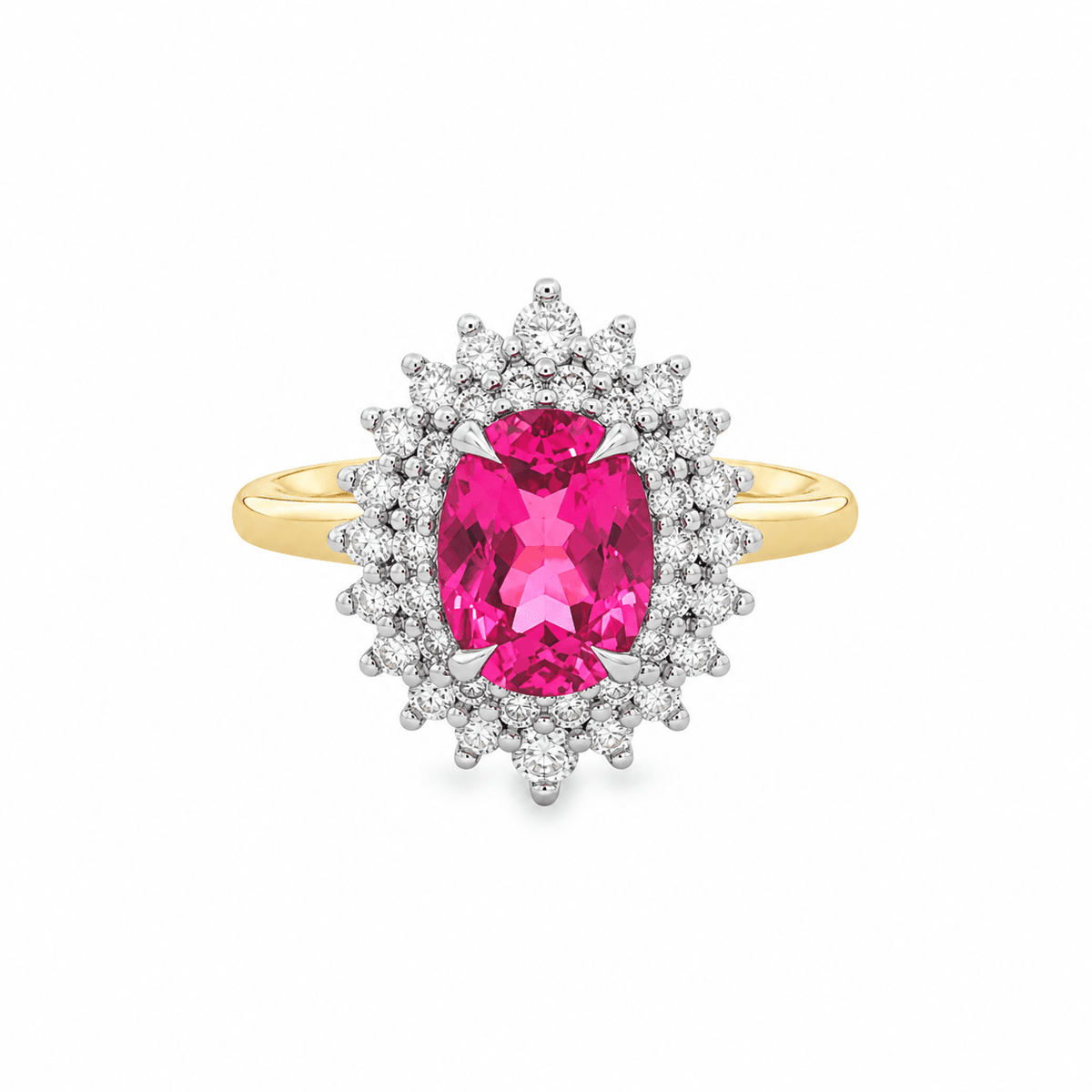 9ct Yellow & White Gold Oval Lab Grown Pink Sapphire Double Halo Ring – 0.50ct TDW
