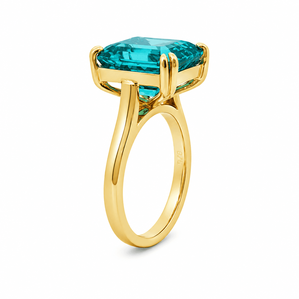9ct Yellow Gold Emerald Cut Lab Grown Turquoise Sapphire Solitaire Ring with Cathedral Shoulders