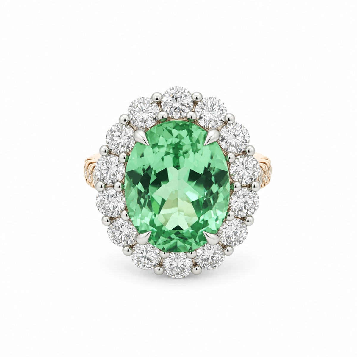 9ct Yellow & White Gold Oval Lab Grown Mint Sapphire Ring with Diamond Halo & Shoulders – 2.40ct TDW