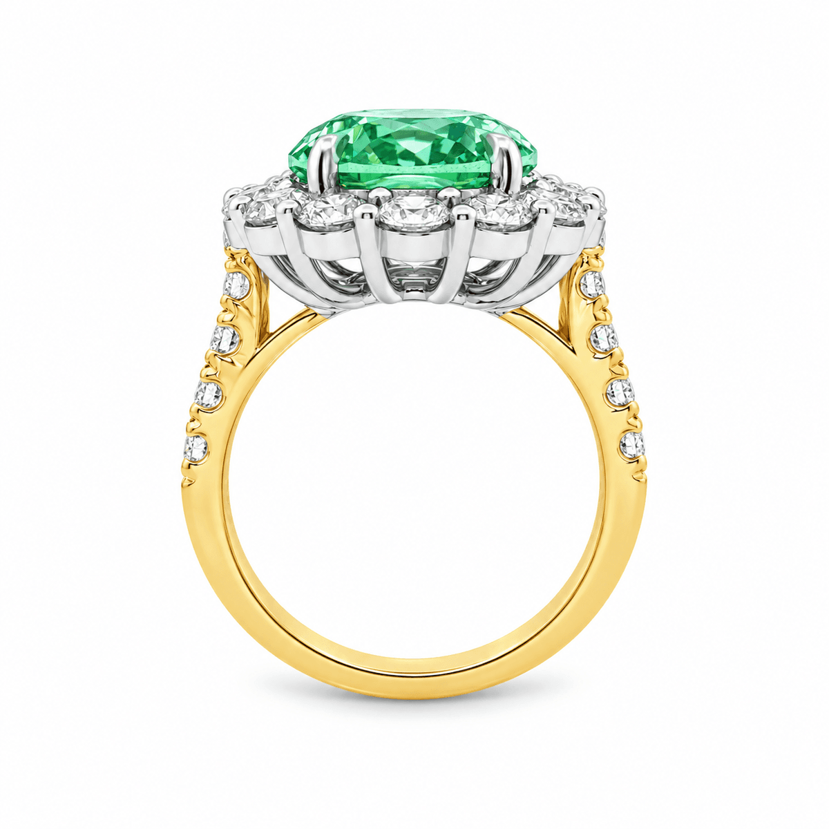 9ct Yellow & White Gold Oval Lab Grown Mint Sapphire Ring with Diamond Halo & Shoulders – 2.40ct TDW