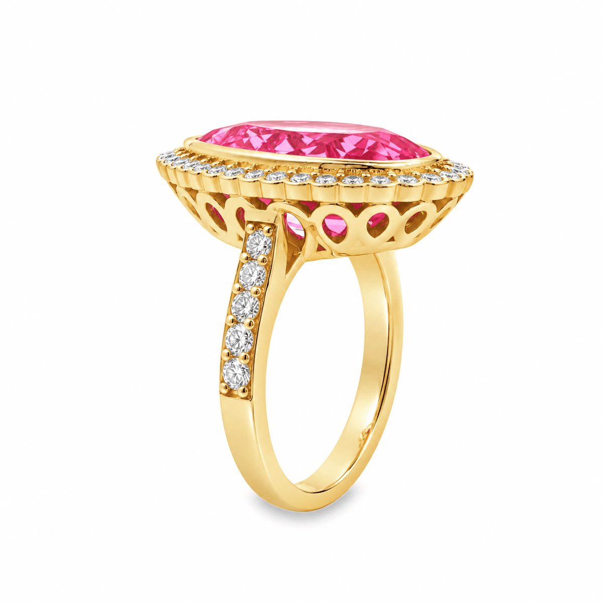 9ct Yellow Gold Pear Cut Lab Grown Pink Sapphire Ring with Scalloped Diamond Halo & Bead Set Shoulders – 0.96ct TDW