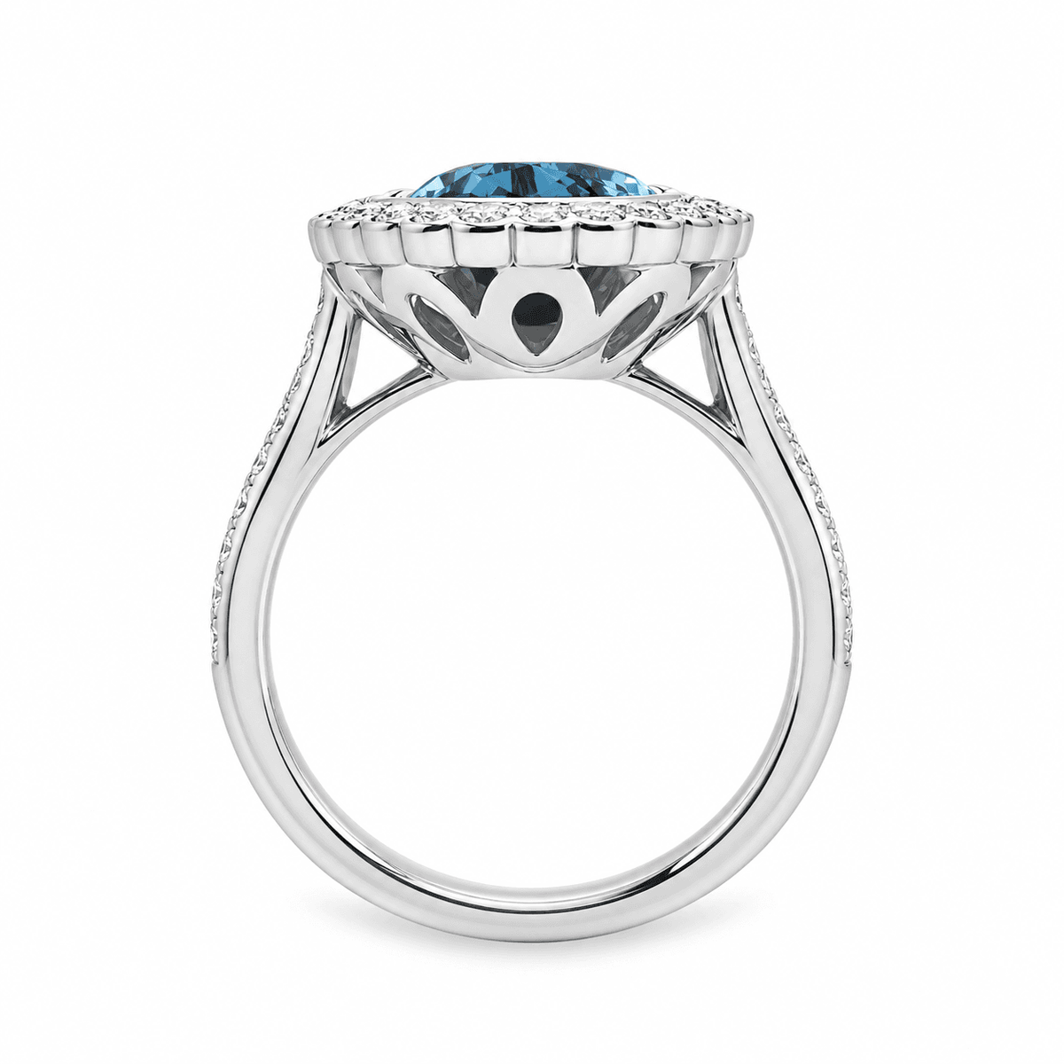 9ct White Gold Pear Cut Lab Grown Blue Sapphire Ring with Scalloped Diamond Halo & Shoulders – 0.99ct TDW