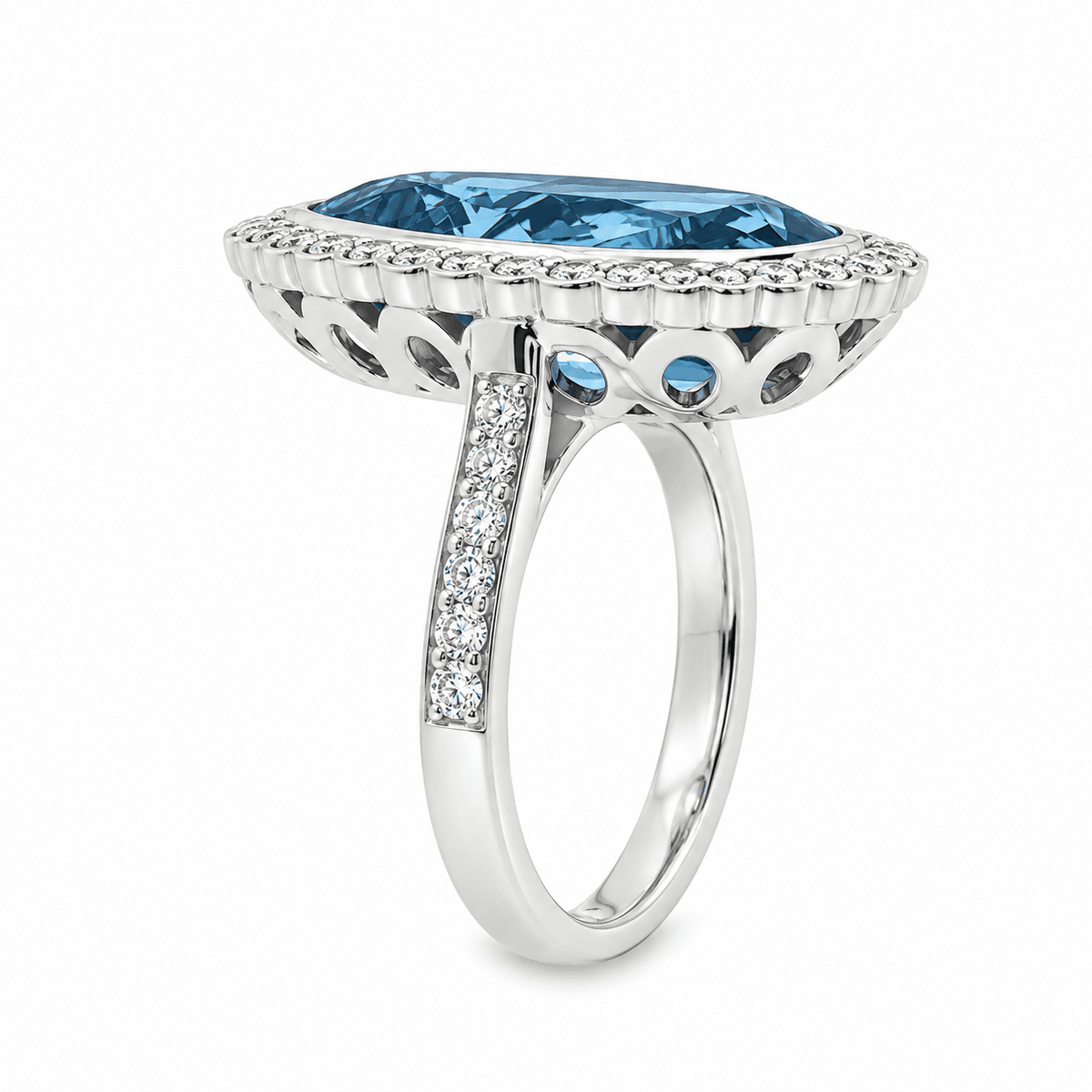 9ct White Gold Pear Cut Lab Grown Blue Sapphire Ring with Scalloped Diamond Halo & Shoulders – 0.99ct TDW