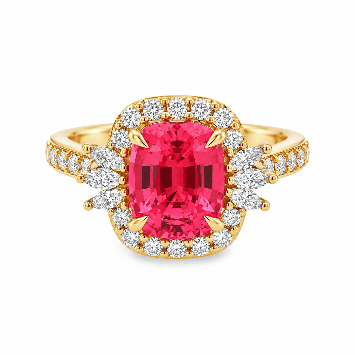 9ct Yellow Gold 7x9mm Elongated Cushion Cut Lab Grown Padparadscha Sapphire 4 Eagle Claw Halo Ring with Marquise Accents & Diamond Set Shoulders