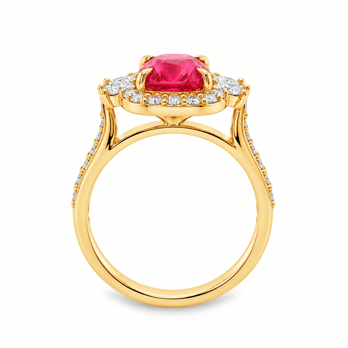 9ct Yellow Gold 7x9mm Elongated Cushion Cut Lab Grown Padparadscha Sapphire 4 Eagle Claw Halo Ring with Marquise Accents & Diamond Set Shoulders