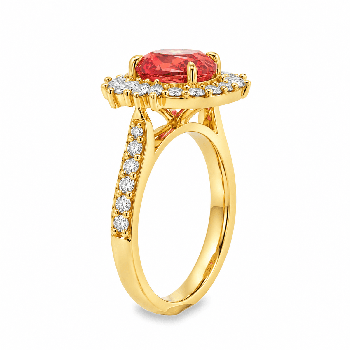 9ct Yellow Gold 7x9mm Elongated Cushion Cut Lab Grown Padparadscha Sapphire 4 Eagle Claw Halo Ring with Marquise Accents & Diamond Set Shoulders