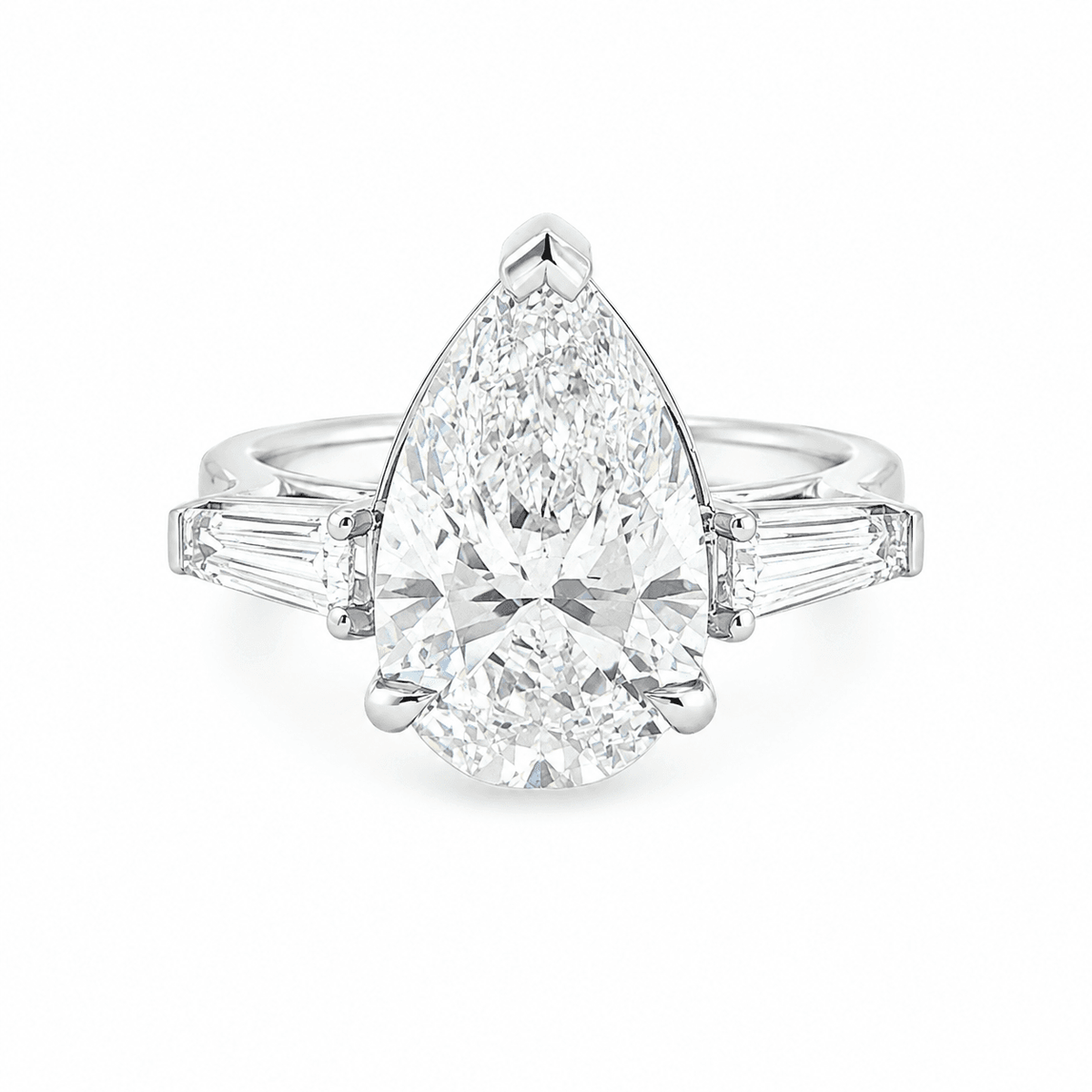 Platinum 6.00ct Pear Cut Trilogy with Tapered Baguette Side Stones Engagement Ring