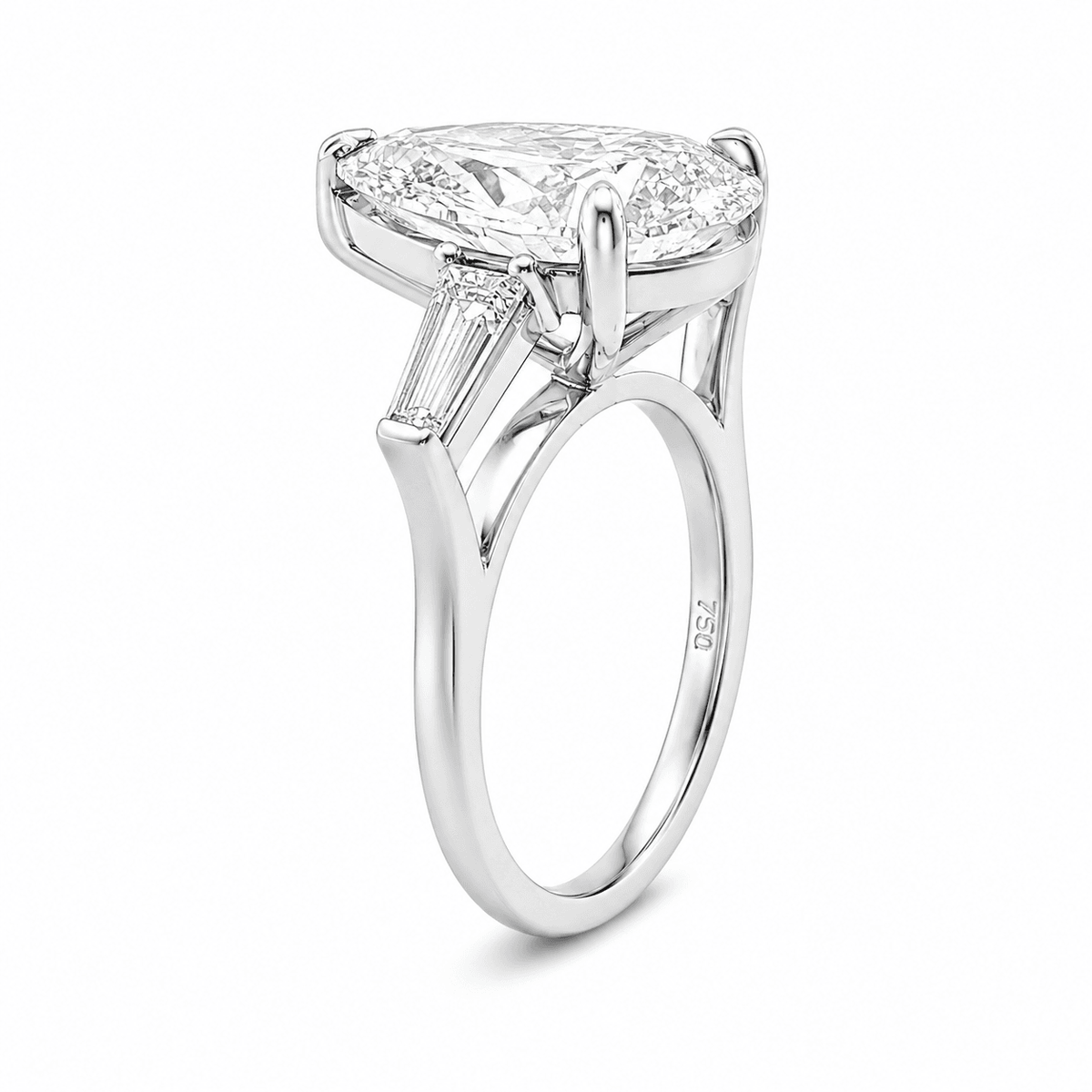 Platinum 6.00ct Pear Cut Trilogy with Tapered Baguette Side Stones Engagement Ring