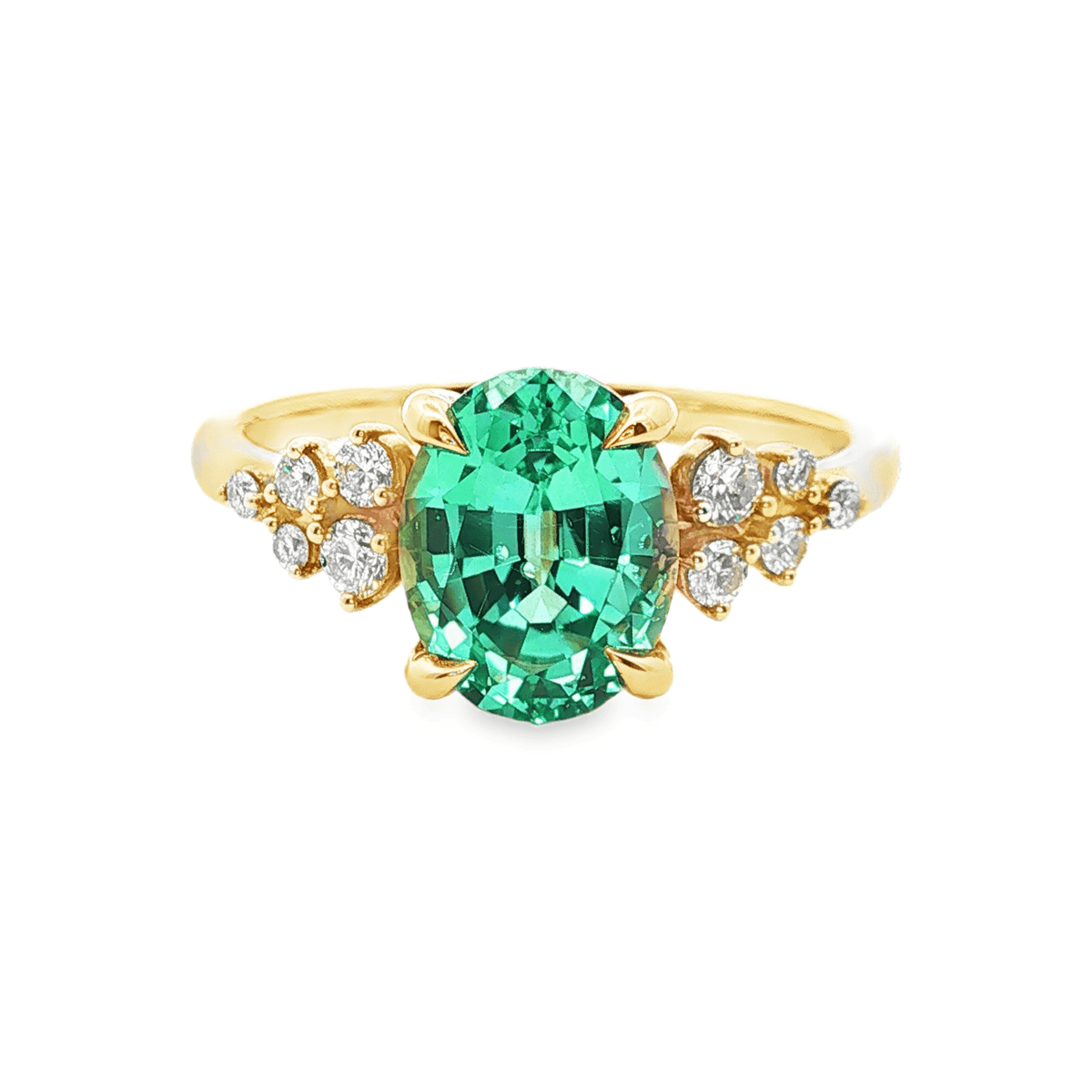 9ct YG eagle claw set 7x9mm oval lab grown green sapphire centre and 10= 0.25ct F+ VS+ RD cluster LGD shoulders || Lab Grown Green Sapphire Oval 7x9mm - 2.81ct