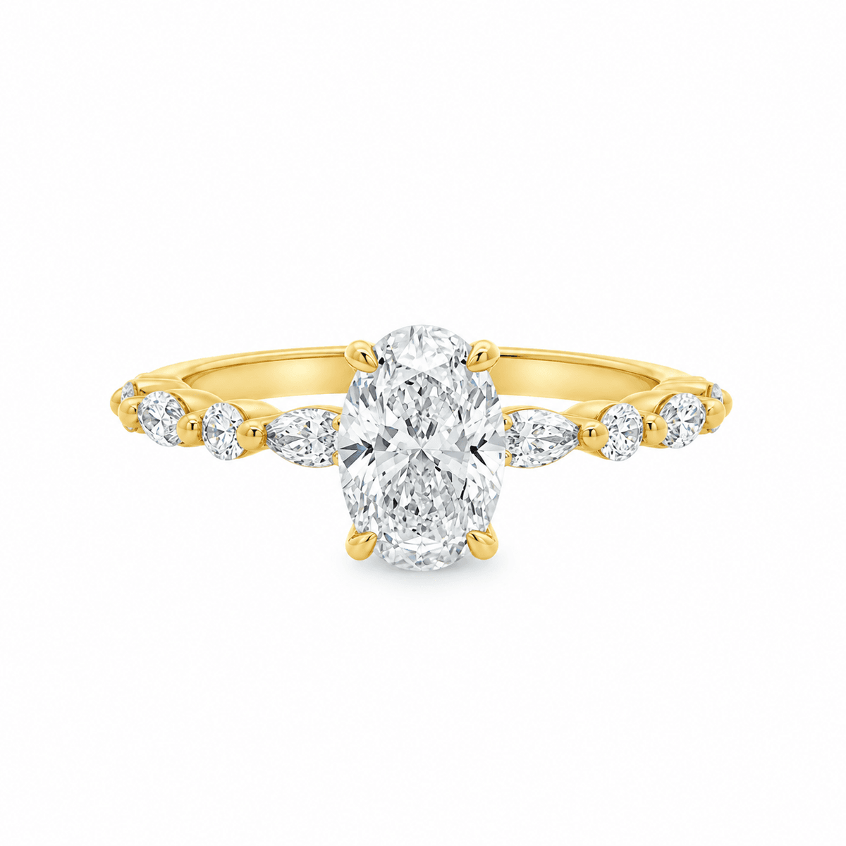 9ct Yellow Gold Oval Cut Lab Grown Diamond Ring with Round and Marquise Shoulders – 1.35ct TDW